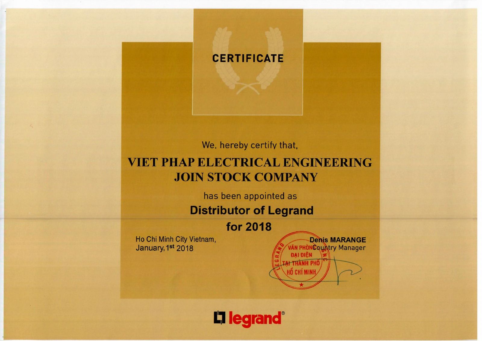 Giấy chứng nhận nhà nhập khẩu và phân phối chính thức thiết bị điện cao cấp Legrand tại Việt Nam